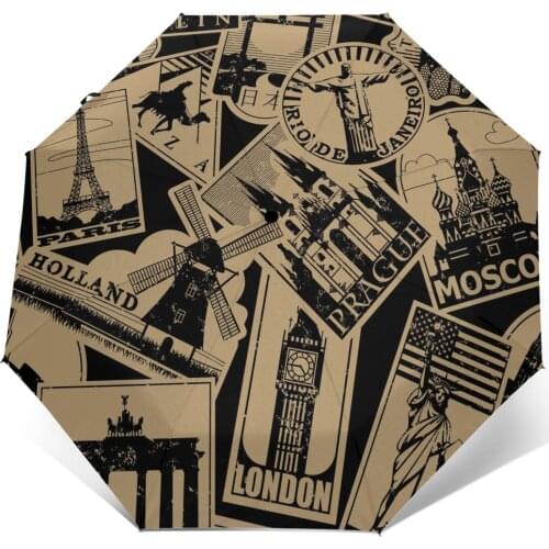 Automatic Umbrella Vintage Paper Landmarks Travel Labels three-fold umbrella women men rain umbrella