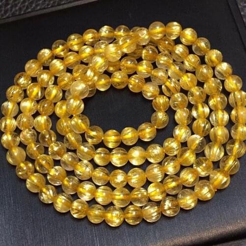 5.5mm Natural Gold Rutilated Quartz Bracelet 3 Laps Clear Round Beads For Women Men Fashion Wealthy Stone Genuine AAAAA
