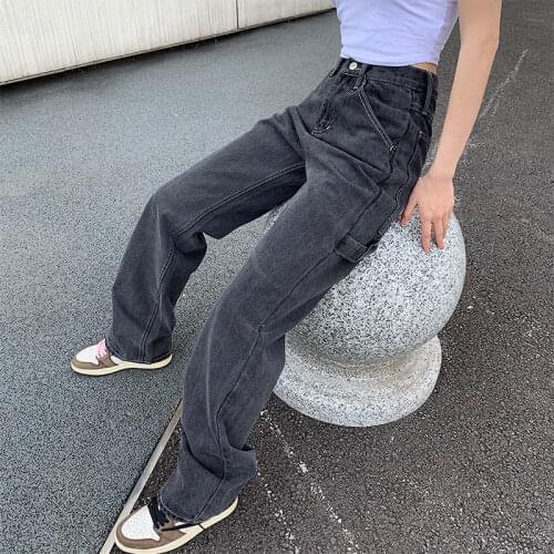 Wide Leg Cargo Pants 2021 Women Jeans Baggy Smoky Gray Blue Elegant Girl Straight Casual Loose High Waist Denim