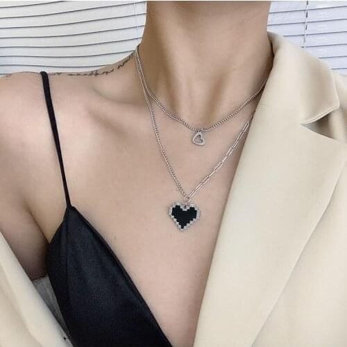 Fashion Stainless Steel Black Mosaic Love Heart Pendant Necklace Double Layer Hollow Heart Geometric Necklace Drop Shipping