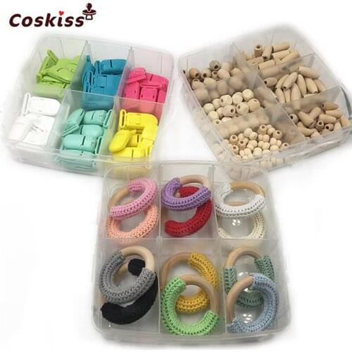 3 Box Wooden Teether Crochet Ring Wooden Water Droplets Rice Square Small Gourd Barrels Bead Pacifier Clip DIY Baby Teether Toy