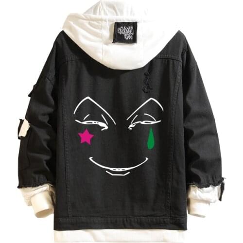 Men Women Fashion Black Jeans Coat Anime HUNTER x HUNTER Denim Jacket Hooded Outwear Cartoon Halloween Cosplay Costume Tops Gift