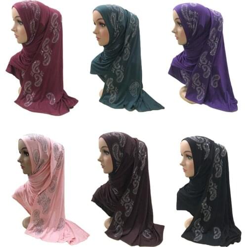 Cotton Muslim Lady Plain Rhinestone Hijab Long Scarf Headwrap Shawls Arab Turban Islamic Headscarf Prayer Hat Full Cover Fashion