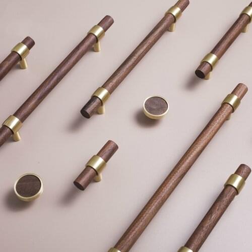 LKL Original Nordic Walnut Beech Brass Handle Furniture Cabinet Wardrobe Door Double Hole American Style T Bar Long Handle