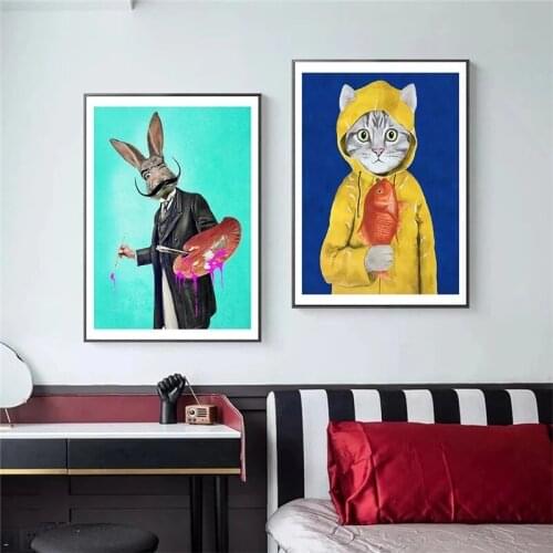 Cartoon Cat Fish and Rabbit Painter Posters and Prints Canvas Painting Wall Art Pictures for Living Room Home Decor Cuadros
