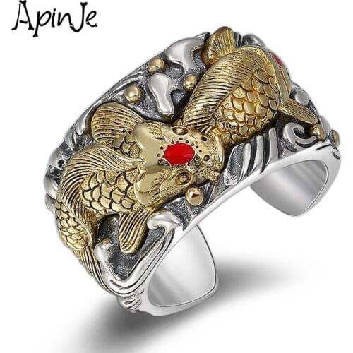 Apinje 925 Sterling Silver Ring New Original Design Koi Fish Pattern Open Ring Fashion Men Brand Big Ring