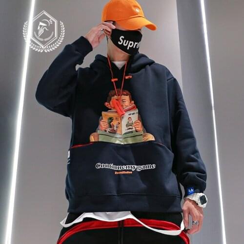 Men Fashion Loose Print Fleece Heavyweight Casual Pullover Hip Hop Sweatshirts with Hooded