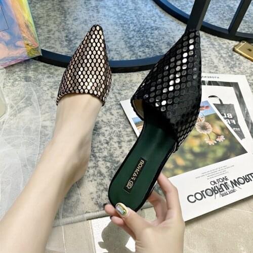 Mules Women Slides Outdoor Sandals and Shoes for Ladies Zapatillas Mujer Casa Pointed Toe Beach Sapato Feminino Bling Bling