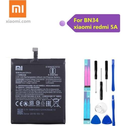 Xiao Mi Original Phone Battery BN34 for Xiaomi Redmi 5A 5.0" Replacement Battery 2910mAh High Capacity Phone Batteries + Tools