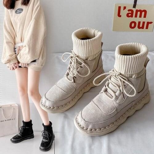 Autumn and Winter Womens High Top Boots Nubuck Plus Velvet Warm Casual Sneakers Round Toe Lace-Up Student Flat Boots