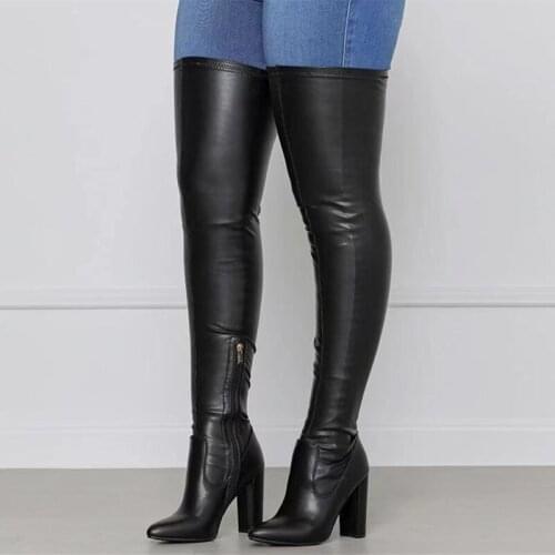 Women Black Stretch Boots Over Knee High Heel Winter Sexy Skintight Boots Thigh High for Women Chunky Heel Big Size 43