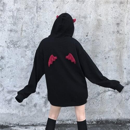Harajuku Hoodies Girl Little Devil Horns Gothic Hooded Sweatshirts Women Demon Fly Wings Loose Pullovers Pocket Tops Streetwear