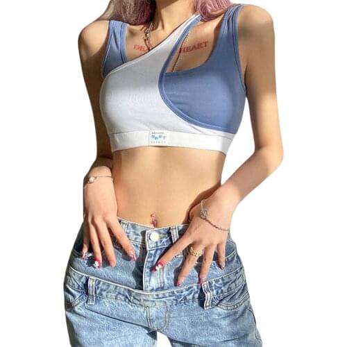 Womens Irregular Patchwork Tank Tops, 2021 New Fashion Sleeveless Letter Print Color Block Slim Fit Crop Tops