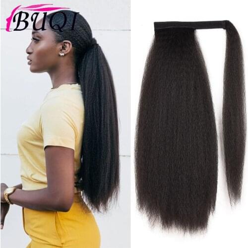 BUQI Synthetic Long Afro Puff Ponytail Hair Black Brown Kinky Straight Wrap Around Clip In Ponytail Hair Extension