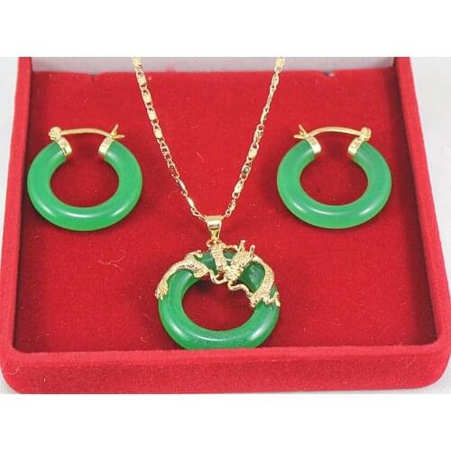 Wholesale 25mm fine jewelry Dark Green Natural jade dragon pendant hood earring Jades Jewelry set