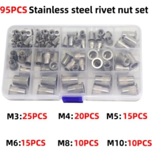 95pcs M3 M4 M5 M6 M8 M10 Rivet Nuts Aluminum Flat Head Rivet Nuts Set Insert Rivets Mix Size Automatic Rivet Tool Set