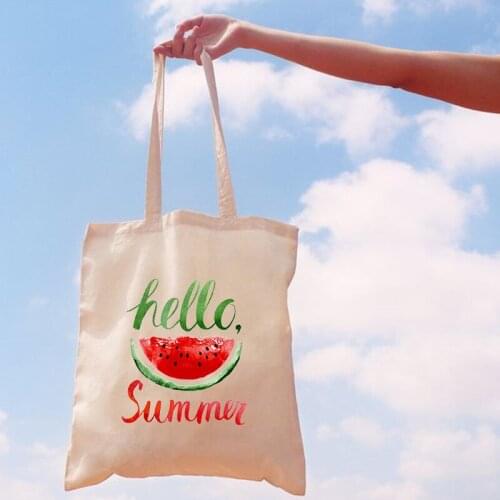 Hello Summer Printed Women Canvas Totes Handbag Female Shoulder Bags Ladies Casual Shopping Bag Beach Bag Reusable Folding Bags
