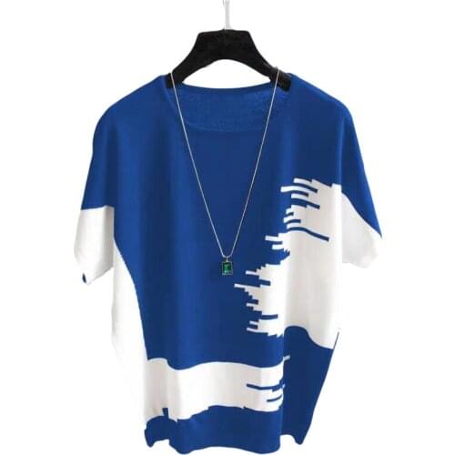 2020 New Summer Thin Tshirt Women Korean Casual O Neck Bat sleeve Colorblock knitted T-shirt Loose Tees Ladies Tops Tide H443