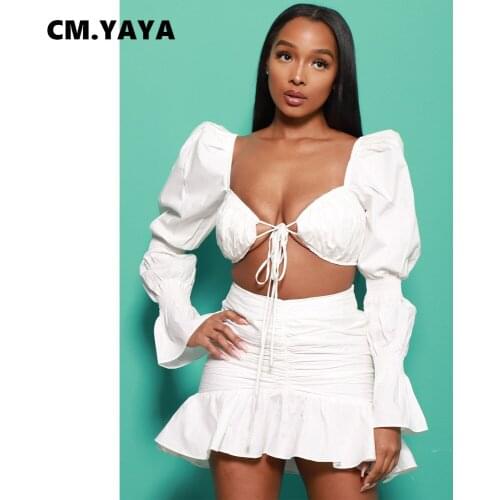 CM.YAYA Women Skirts Set Solid Bandage Puff Sleeve Crop Tops Mini Skirt Two 2 Piece Sets Sexy Night Clubwear Fashion Outfit Fall