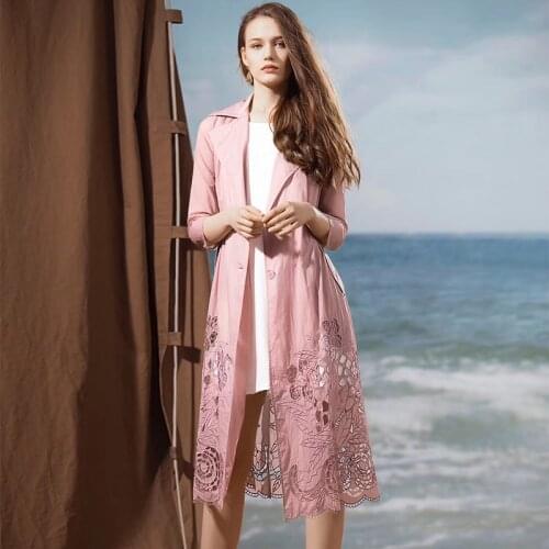Women Trench Coat Embroidery Hollow Out Overcoat Fashion Thin And Light Elegant Lady Windbreaker Outwear Female Plus Size M-5XL