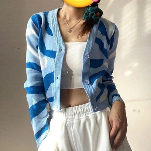 2021 New Cardigan Sweater Women Fall Winter V-neck Fashion Water Ripple Crop Top Short Camouflage Knitted Jacket Street Hipster