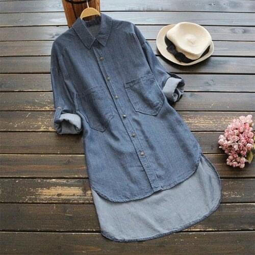 Denim Dress For Women 2021 Autumn Spring Blue Turn Down Collar Long Sleeve Mini Dresses Plus Size Split Dresses Vestidos S-5XL