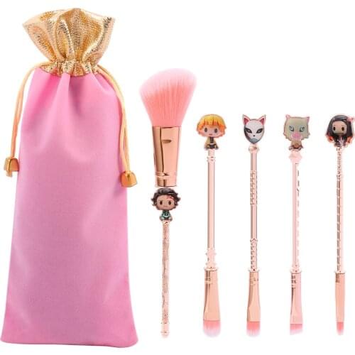 5pcs/set Demon Slayer Makeup Brush Japan Anime Rose Gold Cosplay Women Accessories Ghost Makeup Tool with bag Props Gift
