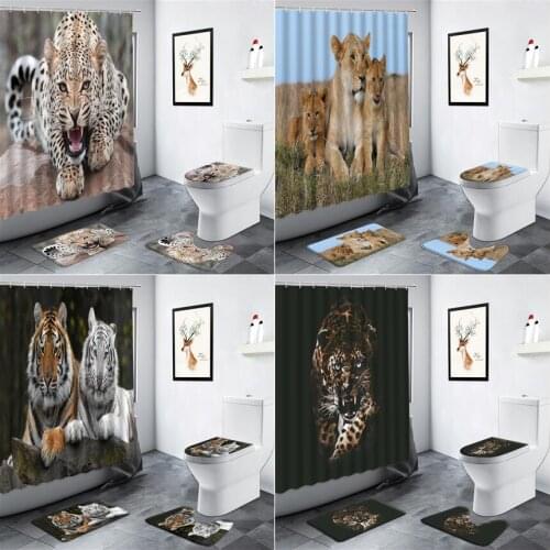 African Leopard Tiger Lion Shower Curtain Wild Animal Pattern Home Decor Bathroom Carpet Anti-slip Door Mat Toilet Bath Mats Set