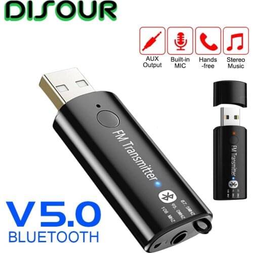 DISOUR USB FM Transmitter Car Kit Bluetooth Mini AUX 3.5mm Stereo Music Audio Bluetooth Receiver V5.0 Wireless Adapter For Car