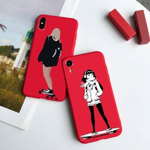Skateboard cartoon girl Phone Case Red Candy Color for iPhone 6 7 8 11 12 s mini pro X XS XR MAX Plus