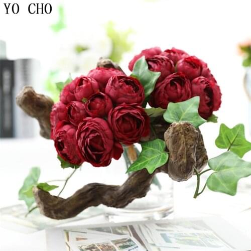 YO CHO Artificial Flower 10 Heads Silk Rose Bouquet Imitation Fake Flowers Home Garden Wedding Table Decor Burgundy Faux Floral