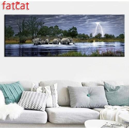 FATCAT Lightning elephant river landscape large 5D Diy Diamond Painting Full Square Round Rhinestone Embroidery Animals AE2350