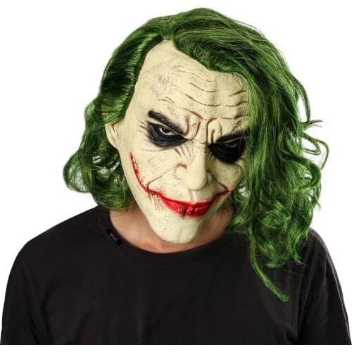 Joker Mask Movie The Dark Knight Cosplay Horror Scary Clown Mask with Green Hair Wig Halloween Latex Masks Party Costume