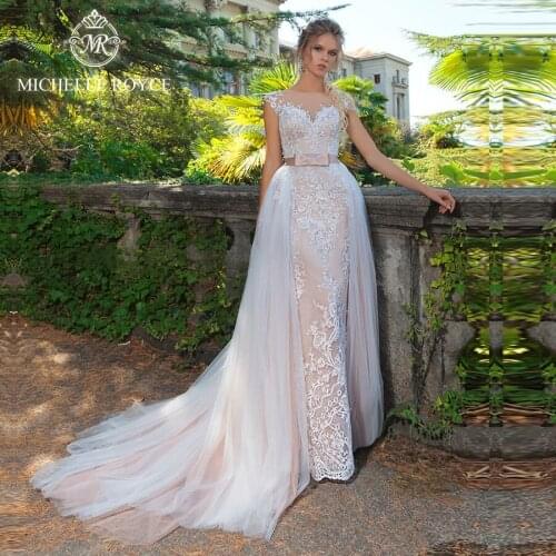 Michelle Royce 2 In 1 Wedding Dresses 2020 Sweetheart Off the Shoulder Sleeveless Button Detachable Train Vestido De Novia