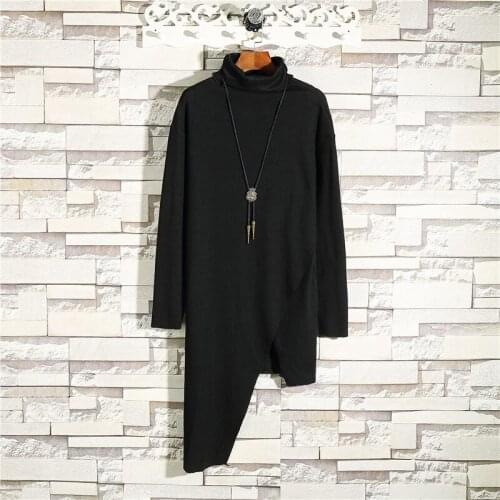 2020 New Mens High Collar Irregular T-shirt Autumn Winter Long Paragraph Bottoming Shirt Black Hair Stylist Long Sleeve T-shirt