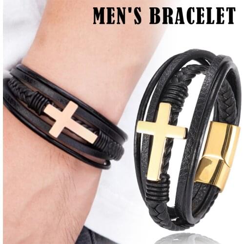 Faith Luxury Cross Design Stainless Steel Bracelet for Mens Leather Bracelet TT@88