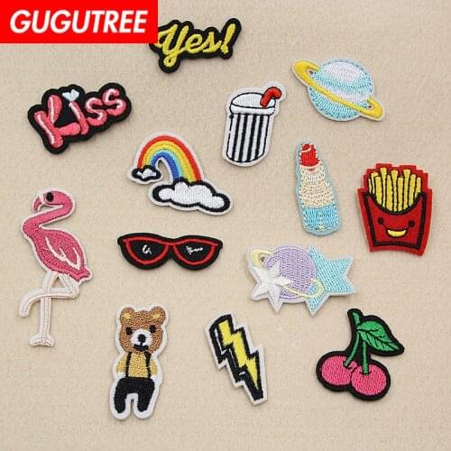 GUGUTREE embroidery kiss you patches glasses foods patches badges applique patches for clothing XW-42