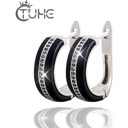 New Ceramic Round Stud Earring Earring With AAA CZ Fashion Black White Crystal U Shape Earrings for Women Nickel Free Wholesale