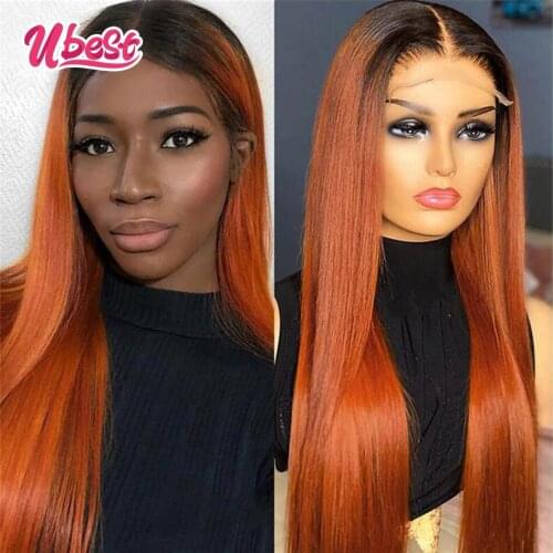 Ombre 1B/Orange Straight Lace Front Wig Transparent Malaysian Lace Frontal Wigs 180% 1B/27 Colored Human Hair Wigs for Women