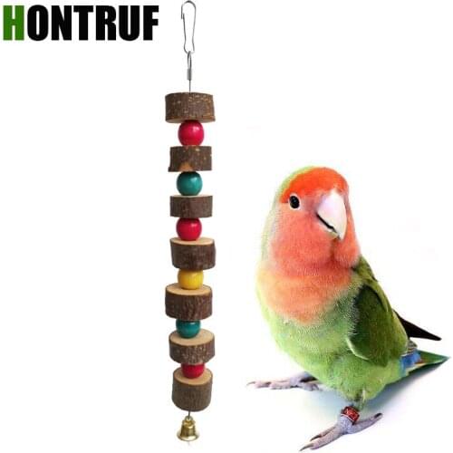 Parrot Bird Natural Pet Toy Apple Tree Branch Color Beads Bell Molars Toy Bite Wood String
