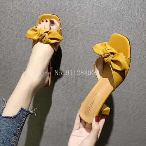 Rimocy Summer Fashion Slippers Heels for Women Solid Color Big Bowtie Slip on Sandals Shoes Woman 2021 Pu Outdoor Slides Mujer