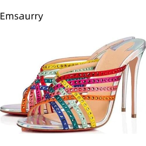 Newest Iridescent Narrow Band Sandals Women Stiletto Heel Open Toes Rivet Cross Band Rivet Summer Outwear Shoes Woman