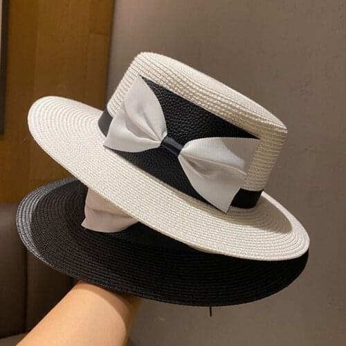 2021 New Summer Women Boater Beach Sun Hat Wide Side Female Casual Panama Cap Lady Classic Flat Bowknot Straw Hat Chapeu Fedora