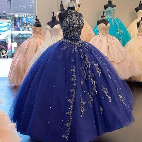 Dark Blue Quinceanera Dresses 2021 Halter Appliques Sequins Beads Sleeveless Party Princess Sparkly Sweet 15 Ball Gown Cut Out