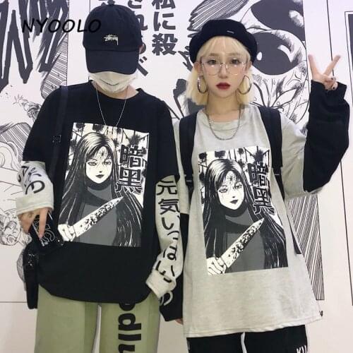 NYOOLO Harajuku style comics letters print hoody fake 2 piece patchwork long sleeve pullovers Sweatshirt women/men clothing tops
