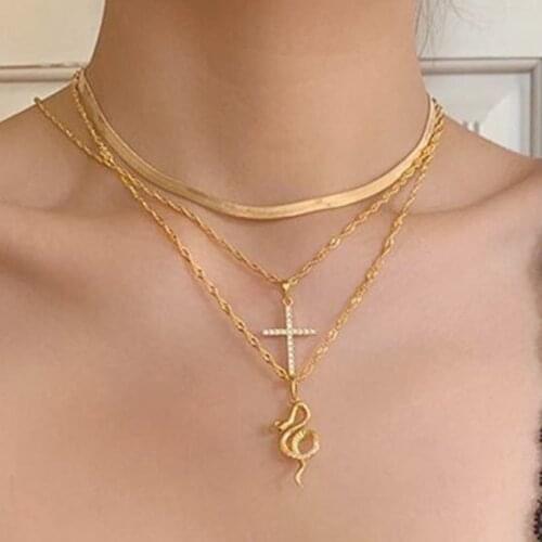 YWZIXLN Bohemian Multi-layer Crystal Cross Pendant Snake Chain Fashion Necklaces Jewelry For Women Elegant Accessories N0178