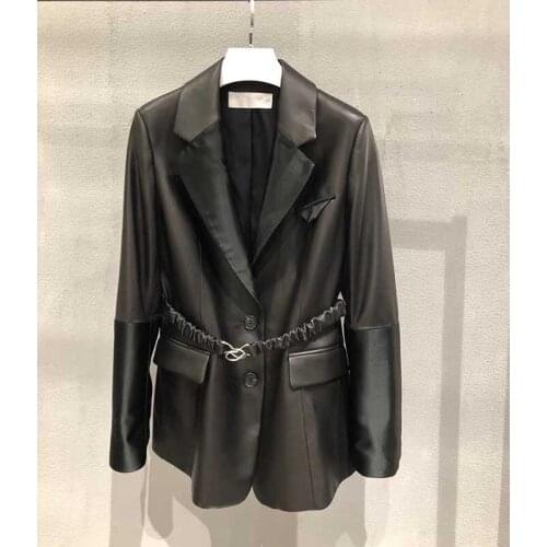 Sheepskin Women 2021 Autumn Jacket With Belt Slim Genuine Leather Black Jackets Office Outwear Coats Plus Size
