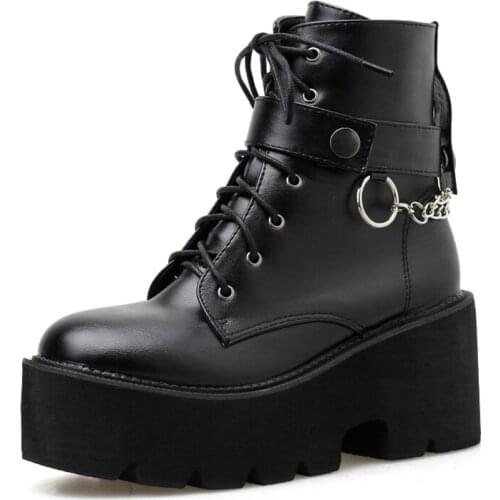 New Sexy Chain Women Leather Autumn Boots Block Heel Gothic Black Punk Style Platform Shoes Female Footwear High Quality
