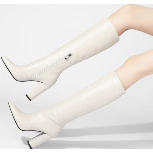 Lady Square High Heel Knee High Boots Spring and Autumn Fashion Zipper Long Boots Female Slim Pointed Toe Large Size Women Shoes