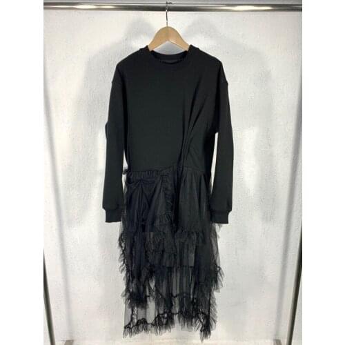 New Winter 11.16 Autumn Black Mesh Lining Fleece Sweatshirt Women Irregular Cascading Ruffles Midi Dress